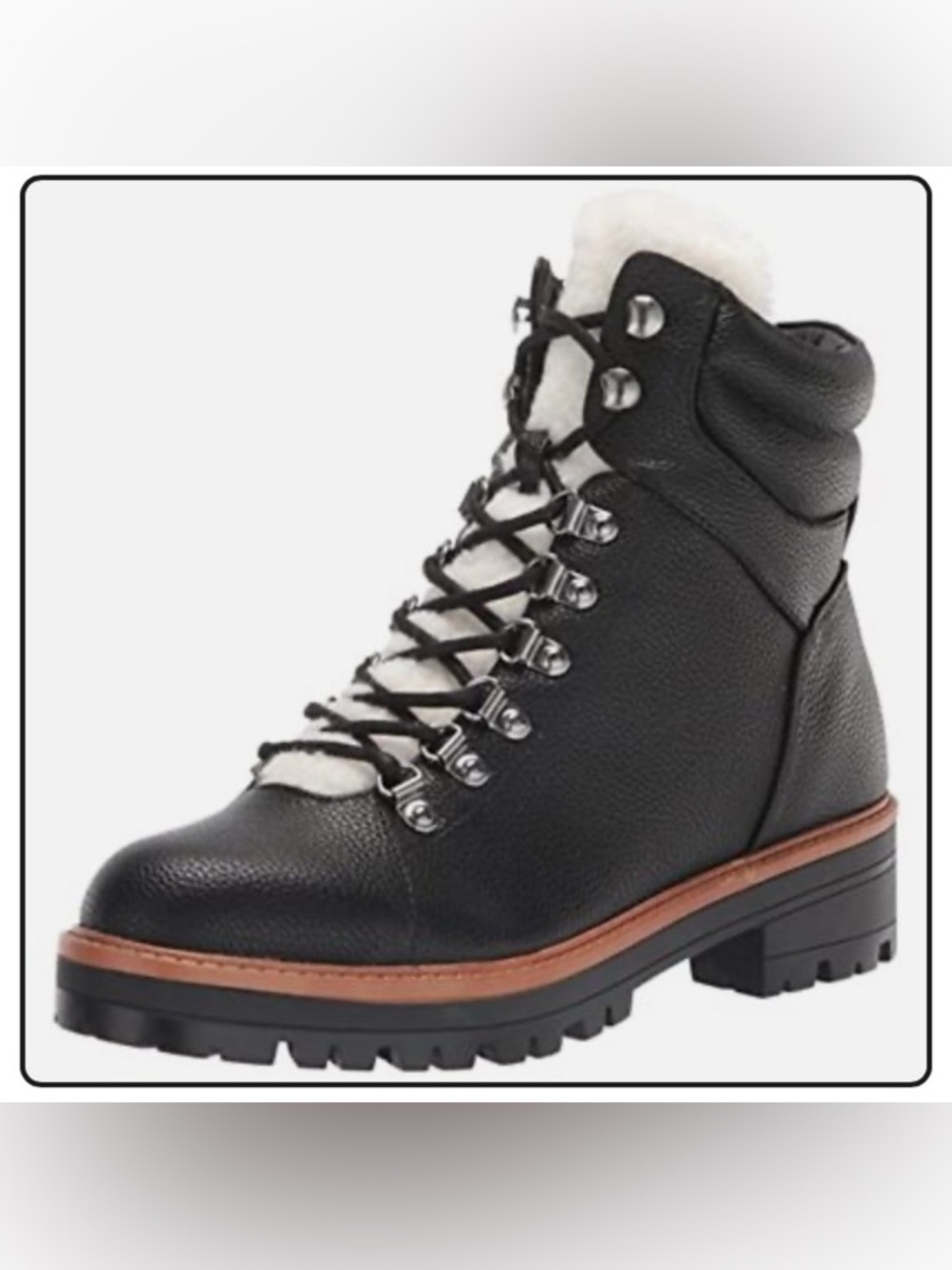 Vegan Marc Fisher Mallie3 lug sole ankle boot, man made materials. Black, 8.5M